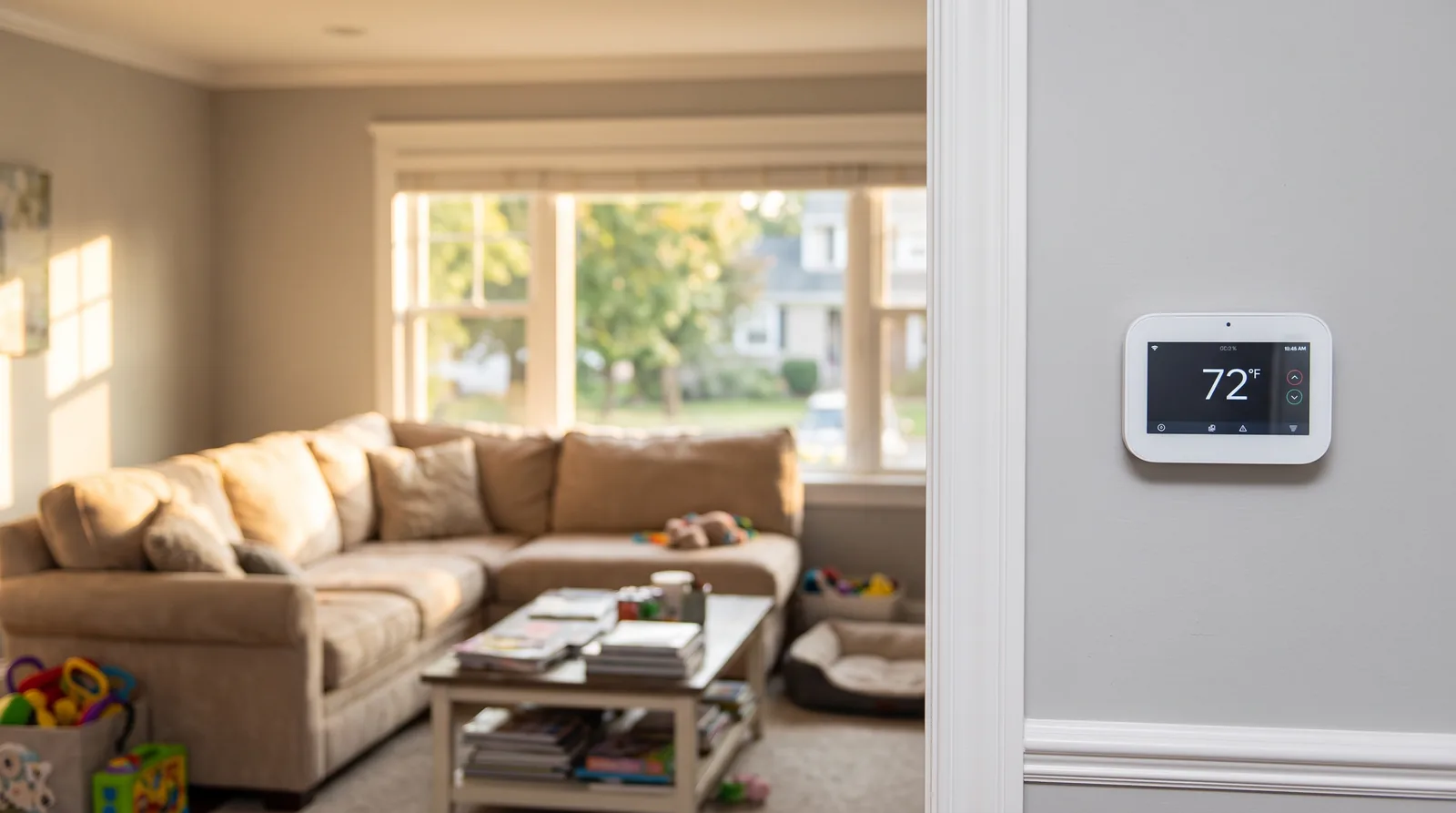 Modern wall thermostat in a bright suburban living room